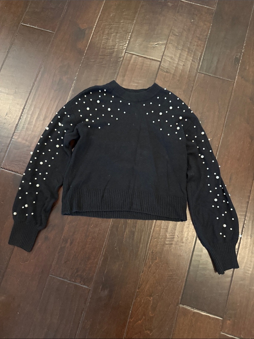 Chelsea & Violet Black Crewneck Sweater with Pearl Accents